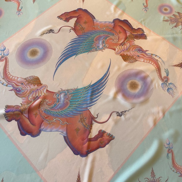 Limited Edition Moca Bangkok Heavenly Elephant Silk Scarf Thailand Lotus Pink - Picture 8 of 11